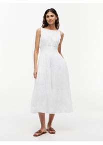 Tr&auml;gerkleid Tommy Hilfiger "SMOCK TIE NS MIDI DRESS", Damen, Gr. M (40), N-Gr, ohne &Auml;rmel, Web, wei&szlig; (ecru), Web, Obermaterial: 60% Baumwolle, 40% Modal. Futter: 52% Baumwolle, 48% Viskose, unifarben, regular fit wadenlang, Rundhals, Kleider Tr&auml;gerkleid, Baumwollmischung, Smok-Einsatz