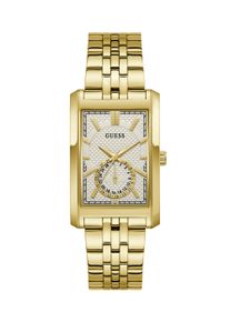 Quarzuhr Guess "HUGH", gold (goldfarben, wei&szlig;, wei&szlig;), Armbanduhren, Damen, goldfarben, Quarzuhr, Armbanduhr, Damenuhr, Herrenuhr, Edelstahlarmband, analog, Tag