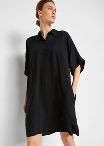 Blusenkleid bonprix, Damen, Gr. 44, N-Gr, Halbarm, Web, schwarz, Web, Obermaterial: 100% Viskose, unifarben, oversize knielang, angesetztes B&uuml;ndchen, Kleider Blusenkleid, f&uuml;r den Alltag, aus Viskose, Oversize Passform, mit Knopfleiste