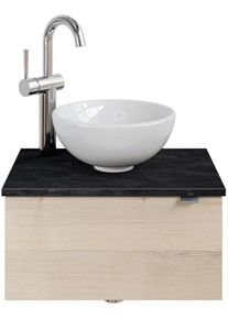 Waschtisch SAPHIR "Serie 6915 Waschschale mit Unterschrank f&uuml;r G&auml;stebad, G&auml;ste WC", beige (polar pinie, schiefer, polar pinie quer nachbildung), B:51cm H:39,8cm T:35cm, Waschtische, Waschtisch, 51 cm mit Keramik-Aufsatzbecken und 1 T&uuml;r
