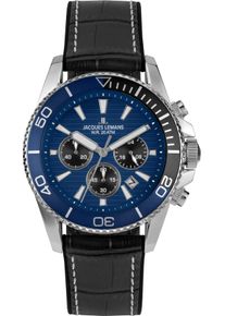 Chronograph Jacques Lemans "Liverpool Diver", blau (schwarz, blau, silberfarben, blau), Armbanduhren, Herren, silberfarben, Chronograph, Quarzuhr, Armbanduhr, Herrenuhr, Lederarmband, analog, Tag