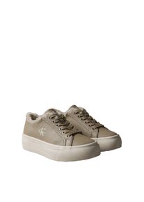 Plateausneaker Calvin Klein "VULC FLATF LACEUP LTH FUR", Damen, Gr. 41, Warmfutter, beige (desert taupe), Leder, Lederimitat, unifarben, Basic, Schuhe Plateausneaker, Halbschuh, Schn&uuml;rschuh, Casual-Sneaker mit seitlichem CK-Logo