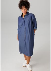 Jeanskleid ANISTON PLUS, Damen, Gr. 52, N-Gr, blau (jeansblau), Web, Obermaterial: 100% Baumwolle, unifarben, figurumspielend knieumspielend, Krempel&auml;rmel, Kleider Jeanskleid, mit Hemdkragen