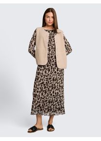 Meshkleid Tom Tailor "Regular midi", Damen, Gr. 42, N-Gr, Langarm, Web, braun (braun beige leo print), Web, Obermaterial: 90% Polyester, 10% Elasthan. Futter: 100% Polyester, regular fit wadenlang, Rundhals, gerader Abschluss, Kleider Meshkleid, mit Muster