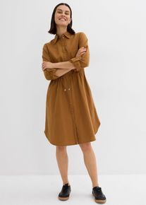 Midikleid bonprix "Hemdblusenkleid aus Leinen-Baumwoll-Mix", Damen, Gr. 52, N-Gr, Langarm, braun (cognac braun (l&auml;nge: regul&auml;r)), Obermaterial: 55% Leinen, 45% Baumwolle, A-Linie, Kleider Midikleid, f&uuml;r l&auml;ssigen Look, aus Leinen-Baumwoll-Mix, in A-Linie, mit Taschen