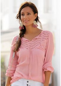 Crepebluse Lascana "mit Lochstickerei am Ausschnitt, leicht transparent", Damen, Gr. 42, lila (mauve), Cr&ecirc;pe, Obermaterial: 100% Viskose. Spitze: 100% Baumwolle, unifarben, figurumspielend h&uuml;ftlang, V-Ausschnitt, elastischer Bund, Blusen Crepebluse, Verspielte Damenbluse, Langarmbluse mit lockerer Passform, Boho-Stil