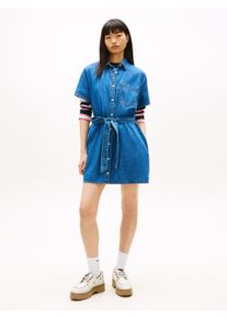 Jeanskleid Tommy Jeans "TJW SHIRT MINI CHAMBRAY DRESS", Damen, Gr. S (36), N-Gr, Kurzarm, Denim/Jeans, blau (denim medium), Denim/Jeans, Obermaterial: 100% Baumwolle, regular fit mini, abgesteppte Kante, Kleider Jeanskleid, mit Tailleng&uuml;rtel, Regular Fit