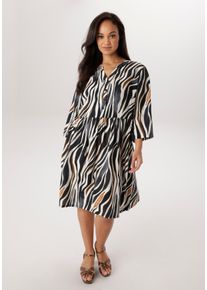 Tunikakleid ANISTON PLUS, Damen, Gr. 46, N-Gr, 3/4 Arm, Web, bunt (wei&szlig;, braun, grau), Web, Obermaterial: 85% Viskose (LENZING&trade;), 15% Polyester, bedruckt, gemustert, gestreift, figurumspielend kniebedeckend, V-Ausschnitt, Krempel&auml;rmel 1-Knopf-Manschette, Kleider Tunikakleid, im extravaganten Zebra-Print