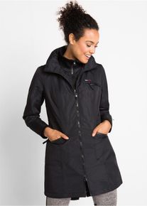 Funktionsmantel bonprix, Damen, Gr. 42, schwarz, Web, Obermaterial: 100% Polyester. Futter: 100% Polyester, unifarben, ausgestellt ca. Mitte Oberschenkel, Windstopperb&uuml;ndchen, M&auml;ntel Funktionsmantel, wasserdichtes und winddichtes Obermaterial, ausgestellte Passform