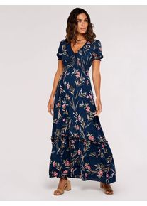 Druckkleid Apricot "Florales Maxikleid", Damen, Gr. XS (34), N-Gr, blau (navy), gewebt, Obermaterial: 100% Viskose CV., gebl&uuml;mt, normal, V-Ausschnitt, Puff&auml;rmel mit Gummizug, Kleider Druckkleid, mit gesmokter Taille