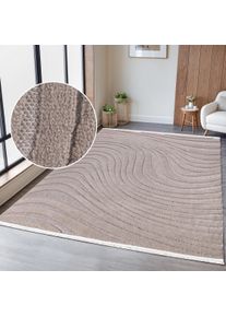 Teppich OTTO HOME "Samelia mit Fransen, Wellendesign, Balkon, Camping" Gr. 3, beige (taupe), B:120cm H:6mm L:180cm, Kunstfaser, Teppiche, Teppich, Hoch-Tief-Struktur, In- und Outdoor geeignet f&uuml;r K&uuml;che oder Esszimmer