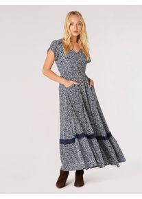 Druckkleid Apricot "Gemustertes Maxikleid", Damen, Gr. XS (34), N-Gr, blau (navy), gewebt, Obermaterial: 100% Viskose CV., gemustert, V-Ausschnitt, Fledermaus&auml;rmel, Kleider Druckkleid, mit bestickter Bord&uuml;re