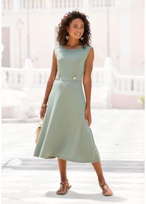 Midikleid Lascana "mit dekorativen Riegeln und goldenen Zierkn&ouml;pfen, b&uuml;gelfreie Qualit&auml;t", Damen, Gr. 46, N-Gr, ohne &Auml;rmel, Jersey, gr&uuml;n (sage gr&uuml;n), Jersey, Obermaterial: 95% Polyester, 5% Elasthan, unifarben, figurumspielend kniebedeckend, Rundhals, Kleider Midikleid, Elegantes Sommerkleid, Tr&auml;gerkleid, Partykleid, festlich