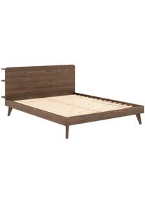 Bettgestell Karup Design "RETREAT BED", braun (carob braun lackiert), B:166cm H:93cm L:226cm, Betten, Bettgestell, aus Kiefer massiv mit Lattenrost, Kopfteil mit 3 Ablagen