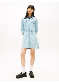 Jeanskleid Tommy Jeans "MINI TRUCKER DENIM DRESS", Damen, Gr. M (38), N-Gr, Langarm, Denim/Jeans, blau (denim medium), Denim/Jeans, Obermaterial: 58% Baumwolle, 42% Lyocell, unifarben, regular fit, Kleider Jeanskleid
