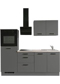 Wiho-K&uuml;chen K&uuml;chenzeile WIHO K&Uuml;CHEN "Compact: Kleines Format, gro&szlig;e Ausstattung, optional mit E-Ger&auml;ten", grau (k&uuml;che: grau, front: graphit, korpus: graphit, arbeitsplatte: eiche san remo), B:210cm, Komplettk&uuml;chen-Sets, K&uuml;chenzeile, Variante mit K&uuml;hlschrank, Breite 210 cm