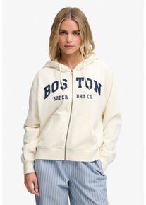 Kapuzensweatjacke Superdry "ATH ESS RELAXED CROP ZIPHOOD", Damen, Gr. S, desert bone sanftes wei&szlig;, Sweatware, Obermaterial: 60% Baumwolle, 40% Polyester, bedruckt, normal, Rundhals, Rippb&uuml;ndchen, Sweatjacken Kapuzensweatjacke, Baumwollmischung