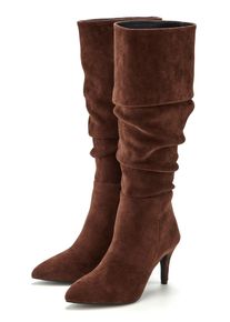 Rei&szlig;verschlussstiefel Lascana "Langschaft, High-Heel Stiefelette, Slouchy Boots, Stiefel", Damen, Gr. 36, Textil, braun (dunkelbraun), Obermaterial: 100% Textilmaterial. Decksohle: 100% Textilmaterial. Futter: 100% Textilmaterial. Laufsohle: 100% Synthetik, unifarben, Basic,festlich, Schuhe Rei&szlig;verschlussstiefel, mit elegant modischer Raffung