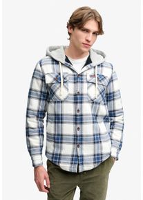 Langarmhemd Superdry "BORG LINED HOODED OVERSHIRT", Herren, Gr. S, N-Gr, worker check wei&szlig;, Web, Obermaterial: 80% Baumwolle, 20% Polyester, kariert, relaxed fit normal, ohne Ausschnitt, Hemden Langarmhemd, Baumwollmischung, relaxed fit