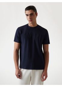 T-Shirt Guess "ALPHY", Herren, Gr. L, blau (deep marine a753), Jersey, Obermaterial: 95% Baumwolle, 5% Elasthan, unifarben, regular fit normal, Rundhals, abgesteppte Kante, Shirts T-Shirt, Regular Fit, Logo-Druck