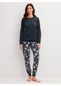 Schlafanzug Calida "Winter Dreams", Damen, Gr. S (40/42), schwarz (blau night), Interlock, Obermaterial: 100% Baumwolle, bequem lang, Rundhals, angesetztes B&uuml;ndchen, Homewear-Sets Schlafanzug, Langarm, Rundhals, Interlock-Qualit&auml;t, weich, bequem