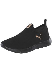 Slip-On Sneaker Puma "SOFTRIDE REMI SLIP-ON KNIT WN'S", Damen, Gr. 37, Textil, schwarz (Puma schwarz, Puma gold), Schuhe Slip-On Sneaker, f&uuml;r Sport, mit SOFTFOAM+ D&auml;mpfung, aus gestricktem Textil