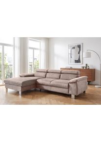 Ecksofa COTTA "Komaris L-Form, B: 244 cm", mud, B:244cm H:72cm T:166cm, Microfaser PRIMABELLE (100% Polyester);Kunstleder SOFTLUX(100%Polyurethan);Feinstruktur (100% Polyester);Kunstleder SOFTLUX/Struktur (100%Polyurethan, 90%Polyester, 10% Polyacryl), Sofas, Ecksofa, mit Kopfteilverstellung, optional Schlaffunktion, Bettkasten & Licht