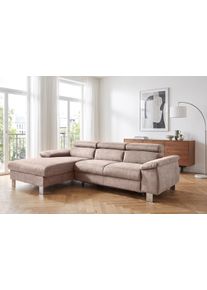Ecksofa COTTA "Komaris L-Form, B: 244 cm", mud, B:244cm H:72cm T:166cm, Microfaser PRIMABELLE (100% Polyester);Kunstleder SOFTLUX(100%Polyurethan);Feinstruktur (100% Polyester);Kunstleder SOFTLUX/Struktur (100%Polyurethan, 90%Polyester, 10% Polyacryl), Sofas, Ecksofa, mit Kopfteilverstellung, optional Schlaffunktion, Bettkasten & Licht