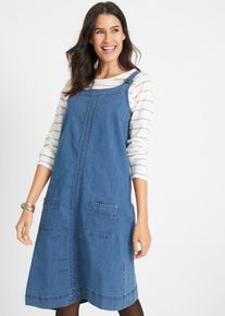 Jeanskleid BONPRIX, Damen, Gr. 44, N-Gr, ohne &Auml;rmel, Denim/Jeans, blau (blau denim), Denim/Jeans, Obermaterial: 98% Baumwolle, 2% Elasthan, A-Linie knieumspielend, Kleider Jeanskleid, Latzkleid mit verstellbaren Tr&auml;gern, aufgesetzte Taschen