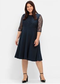 Cocktailkleid sheego "Abendkleid", Damen, Gr. 54, Normalgr&ouml;&szlig;en, blau (nachtblau), 60% Viskose, 35% Polyimid, 5% Elasthan, Spitze:100% Polyimid, unifarben, knielang, Rundhals, Kleider Cocktailkleid