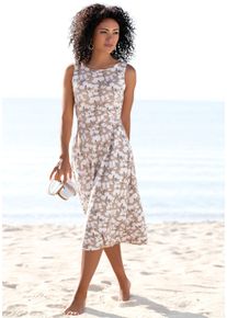 Midikleid BEACHTIME BY LASCANA "mit ausgestelltem Rockteil mit Blumendruck, Jerseykleid", Damen, Gr. 46, N-Gr, ohne &Auml;rmel, Jersey, beige (beige, creme bedruckt), Jersey, Obermaterial: 60% Viskose, 35% Polyester, 5% Elasthan, bedruckt, gebl&uuml;mt, figurumspielend ca. Mitte Wade, Rundhals, Kleider Midikleid, Elegantes Sommerkleid, Druckkleid, A-Linien-Kleid, casual-chic