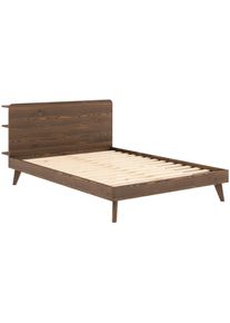Bettgestell Karup Design "RETREAT BED", braun (carob braun lackiert), B:146cm H:93cm L:226cm, Betten, Bettgestell, aus Kiefer massiv mit Lattenrost, Kopfteil mit 3 Ablagen
