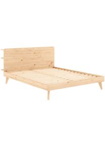 Bettgestell Karup Design "RETREAT BED", braun (klar lackiert, klar lackiert), B:166cm H:93cm L:226cm, Betten, Bettgestell, aus Kiefer massiv mit Lattenrost, Kopfteil mit 3 Ablagen