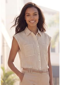 Kurzarmbluse Vivance "aus b&uuml;gelfreier Strukturware", Damen, Gr. 38, beige (creme, sand gestreift), Web, Obermaterial: 52% Viskose, 48% Polyester, gestreift, figurumspielend h&uuml;ftlang, angeschnitten, Blusen Kurzarmbluse, Damenbluse mit Streifenmuster, Blusentop, l&auml;ssige Streifenbluse