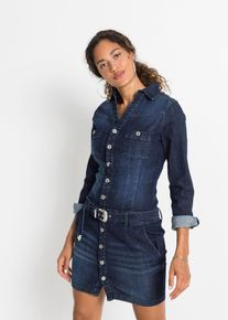 Jeanskleid bonprix, Damen, Gr. 46, N-Gr, Langarm, blau (tiefblau denim ungewaschen), Obermaterial: 82% Baumwolle, 17% Polyester, 1% Elasthan, schmal, Kleider Jeanskleid, aus Baumwolle, Polyester und Elasthan, schmale Passform