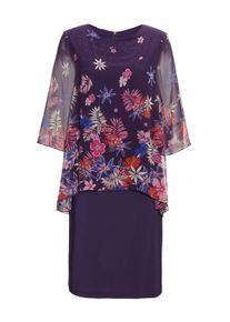 Etuikleid GOLDNER "Kleid mit floralem Chiffon&uuml;berwurf", Damen, Gr. 40, N-Gr, lila (amethyst, gemustert), Obermaterial: 95% Polyester PES. 5% Elasthan EL., Gerade, Kleider Etuikleid, Chiffon