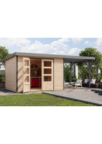 Gartenhaus Karibu "Jupiterino 5 SET, in verschiedenen Farben", braun (naturbelassen, graualuminium), ohne Fu&szlig;boden, Blechdach, Massivholz, Gartenh&auml;user, Gartenhaus, inkl. Anbaudach
