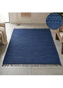Teppich THEKO "Happy Cotton Fleckerl, handgewebt", blau, B:70cm H:5mm L:140cm, Baumwolle, Teppiche, Teppich, Flachgewebe, reine Baumwolle, meliert, mit Fransen, auch als L&auml;ufer