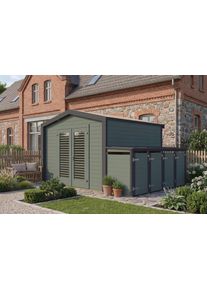 Gartenhaus Weka "Killarney", gr&uuml;n (gr&uuml;ngrau, anthrazit), ohne Fu&szlig;boden, ohne Dacheindeckung, Massivholz, Gartenh&auml;user, Gartenhaus, Doppelt&uuml;r mit Lamellen, inkl. 4er M&uuml;lltonnenbox