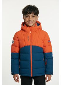 Funktionsjacke Trollkids "KIDS GRYLLEFJORD JACKET", Kinder, Gr. 128, orange (deep orange, madeira blau, deep orange), Web, Obermaterial: 100% Polyester. Futter: 100% Polyester. Wattierung: 100% Polyester, normal, hoch geschlossener Ausschnitt, eingefasste Kante mit Klettverschluss, Jacken Funktionsjacke, sportlich, aus Polyester, warm wattiert, wasserabweisend, winddicht