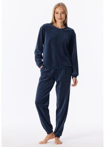 Loungeanzug Schiesser "Casual Velour", Damen, Gr. 46, blau (861, deep sea blau), Jersey, Obermaterial: 75% Baumwolle, 25% Polyester, bequem lang, Rundhals, Homewear-Sets Loungeanzug, Rundhalsausschnitt, lange &Auml;rmel