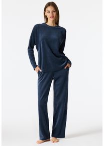 Loungeanzug Schiesser "Casual Velour", Damen, Gr. 38, blau (861, deep sea blau), Jersey, Obermaterial: 75% Baumwolle, 25% Polyester, bequem lang, Rundhals, Homewear-Sets Loungeanzug, Rundhalsausschnitt, Velour-Qualit&auml;t