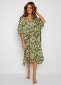 Tunikakleid bonprix, Damen, Gr. 52/54 (XXL), N-Gr, Halbarm, Web, gr&uuml;n (gr&uuml;n, beige gebl&uuml;mt), Web, Obermaterial: 100% Polyester, figurumspielend, Kleider Tunikakleid, f&uuml;r Fr&uuml;hjahr und Sommer, Strandkleid, aus Polyester, lang