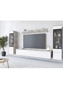 Wohnwand Home Affaire "VERA II", beige (beton smart, wei&szlig; hochglanz), B:260cm H:130cm T:33cm, Kastenm&ouml;bel-Sets, Wohnwand, Mediawand 260 cm, Vitrine mit Verglasung, stehend und h&auml;ngend