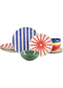 Teller-Set Creatable "Mio Viva Bunt, Tellerset 12-tlg.", bunt (bunt, speiseteller streifen, dessertteller sonne), 12, Steinzeug, Geschirr-Sets, Teller-Set, Handgemalte Optik, keramische Motive kombiniert mit Farbglasuren