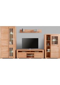 Wohnwand OTTO HOME "Denis", beige (kernbuche teilmassiv), Holzwerkstoff Kernbuchefarben (Korpus)/ Massivholz Kernbuche (Front), Holz teilmassiv, Kastenm&ouml;bel-Sets, Wohnwand, Breite: 340cm, 1Vitrine, 1Stauraumvitrine, 1 Lowboard und 1 Wandregal