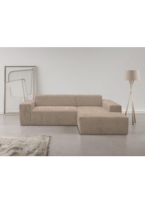 Ecksofa WERK2 "Zeus-L 253 cm breit, bequemes Cord-Sofa in L-Form, urbanes Design", beige (hellbraun), B:253cm H:70cm T:188cm, 100% Polyester, Sofas, Ecksofa, Organische curvy-trend Couch mit gro&szlig;er Komfort-Ottomane