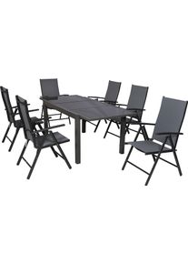 Garten-Essgruppe MERXX "Amalfi", grau (grau, grau, graphit), B:57cm H:108cm T:65cm, Aluminium, Polyester, Sitzm&ouml;bel-Sets, Garten-Essgruppe, inkl. 6 Klappsessel, 1 Ausziehtisch