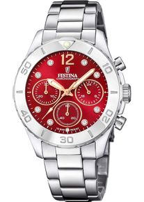 Chronograph Festina "Boyfriend Collection", silber (silberfarben, rot, rot), Armbanduhren, Damen, silberfarben, Chronograph, Armbanduhr, Quarzuhr, Damenuhr, Stoppfunktion, Edelstahlarmband