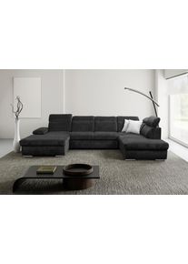 Wohnlandschaft WERK2 "Cordoba inkl. Bett & Bettkasten, Kopfteilverstellung, zeitlos, elegant", anthrazit, B:359cm H:86cm T:232cm, 100% Polyester, Sofas, Wohnlandschaft, Struktur weich, U-Form, XXL, Schlaffunktion, Bettkasten